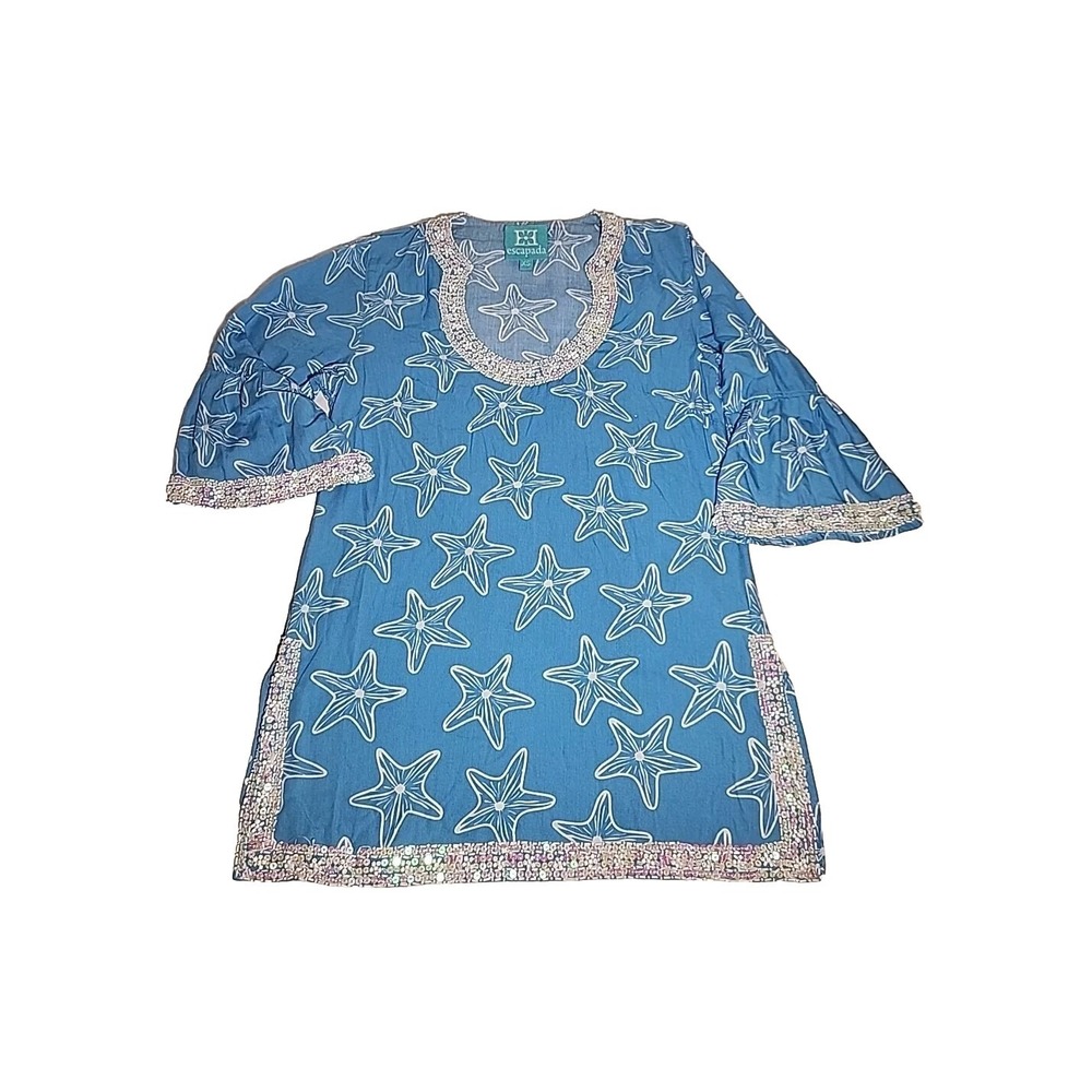 Escapada XS Ladies Tunic Top Blue w/ White Starfish  Beaded Trim 3/4 Bell sleeve